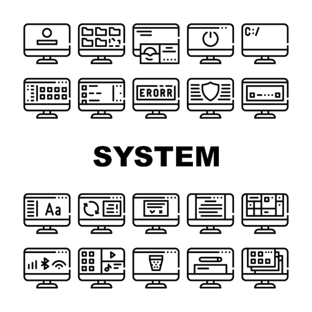Système d'exploitation Pc Collection Icons Set Vector Computer System Data Security And Error Connection And Download Media Files And Folders Illustrations de contour noir
