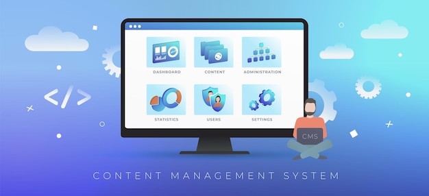Vecteur système de gestion de contenu logiciel de gestion de site web concept cms au design plat