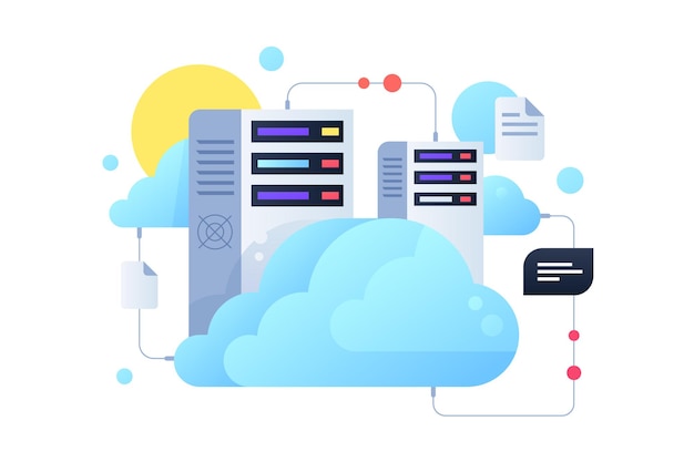 Système Informatique Utilisant Pour Les Serveurs Cloud Avec Sun. Concept De Documents Numériques Et De Messages à L'aide De La Technologie Pc Connecté Moderne.