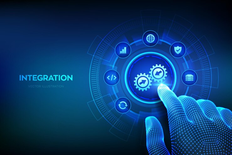 Vecteur système d'intégration de données concept d'intégration sur écran virtuel technologie intelligente industrielle