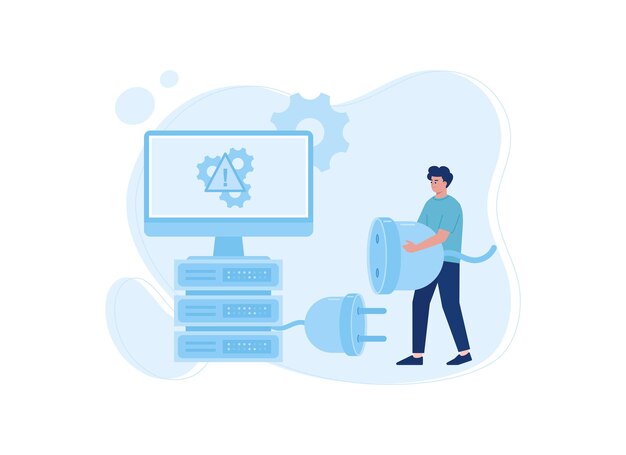 Vecteur système de maintenance de câble de connexion sans fil perdu sur l'écran d'ordinateur illustration plate du concept