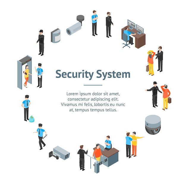 Vecteur système de sécurité personnes et équipements 3d bannière carte cercle vue isométrique inclure d'alarme et cctv illustration vectorielle des icônes