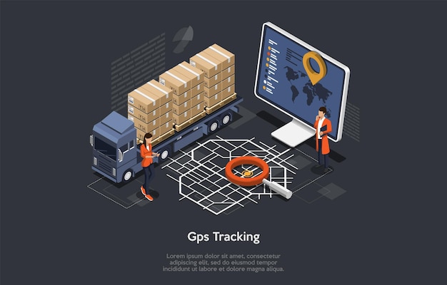Système De Suivi De Livraison De Fret En Ligne Isométrique Avec Position Gps Du Camion. Style Plat.