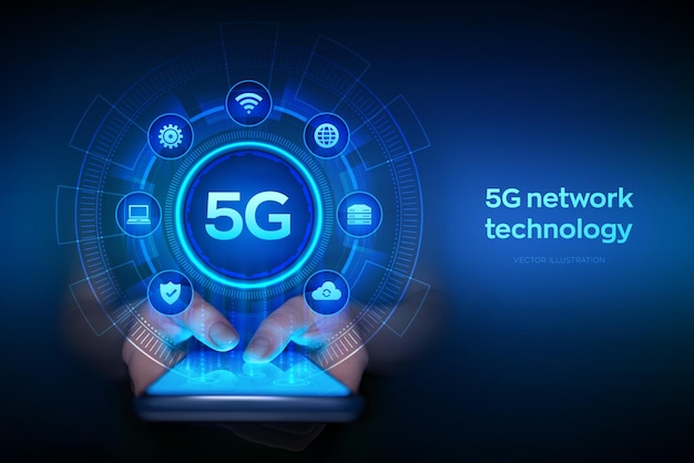 Vecteur systèmes sans fil de réseau 5g iot communication urbaine intelligente smartphone dans les mains utilisation de smartphone