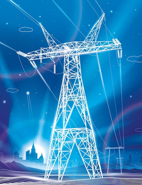 Systèmes de transmission à haute tension Pôle électrique Lumière néon Pylônes énergétiques Lignes électriques