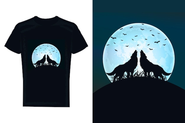 T-shirt Cauchemar Ou Halloween Ou Conception De Couverture De Livre. Loup Hurlant à La Lune, Nuit.