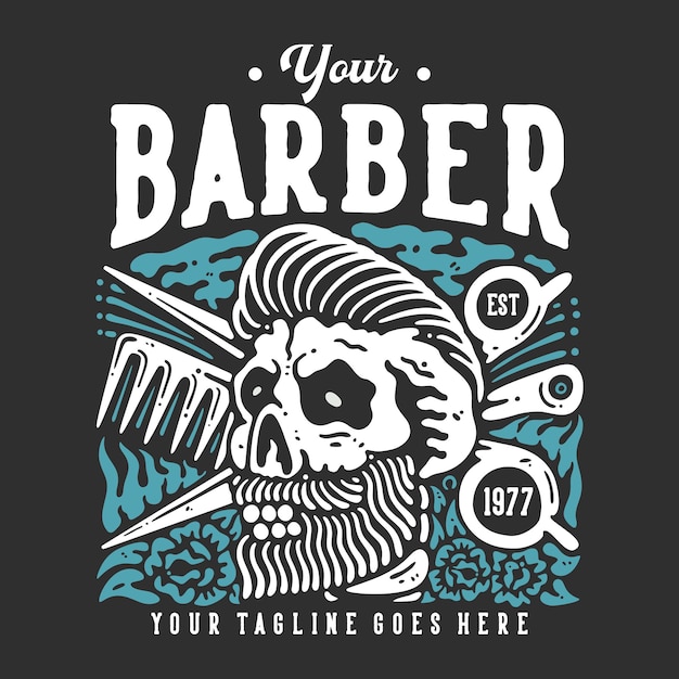 Vecteur t-shirt concevoir votre barbier est 1977 avec un crâne masculin élégant avec des cheveux avec une illustration vintage de fond gris