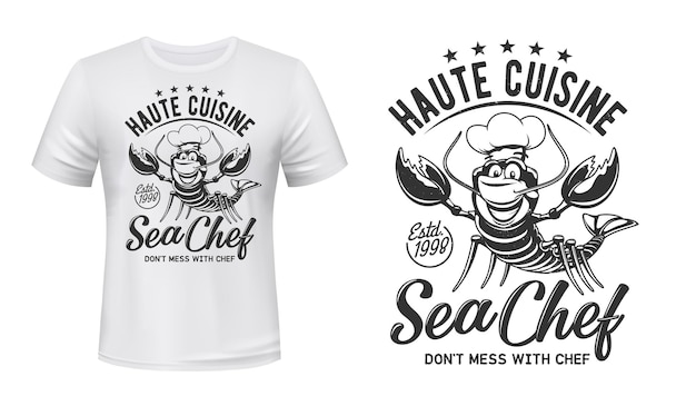 T-shirt De Crabe De Homard Imprimé, Restaurant De Cuisine De Chef. Homard En Toque Hat Avec Moustaches Et étoiles Premium.