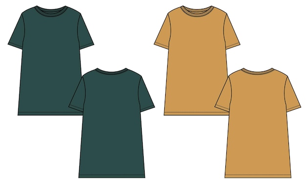 T-shirt Croquis Plat De Mode Technique Modèle De Couleur Vert Et Jaune Vectoriel Pour Dames