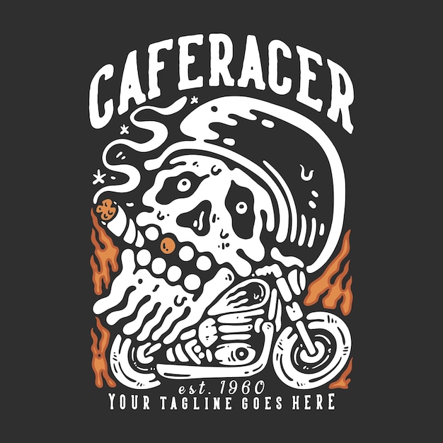 T-shirt design cafe racer est 1960 avec crâne fumant sur la moto avec illustration vintage de fond gris