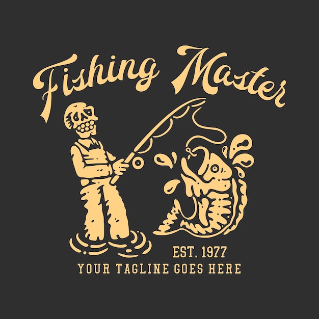 Vecteur t-shirt design maître de pêche avec squelette souriant faisant de la pêche avec illustration vintage de fond noir