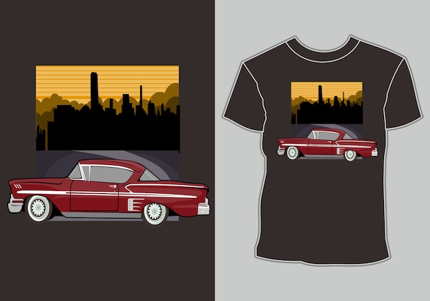 T-shirt Design Voiture Rétro Avec Vue Sur La Ville