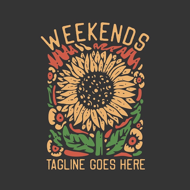 T-shirt Design Week-end Avec Tournesol Et Fond Vert Foncé Design De T-shirt Vintage