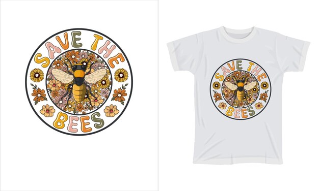 Vecteur le t-shirt graphique coloré de save the bees design de t-shirt à fleurs sauvages