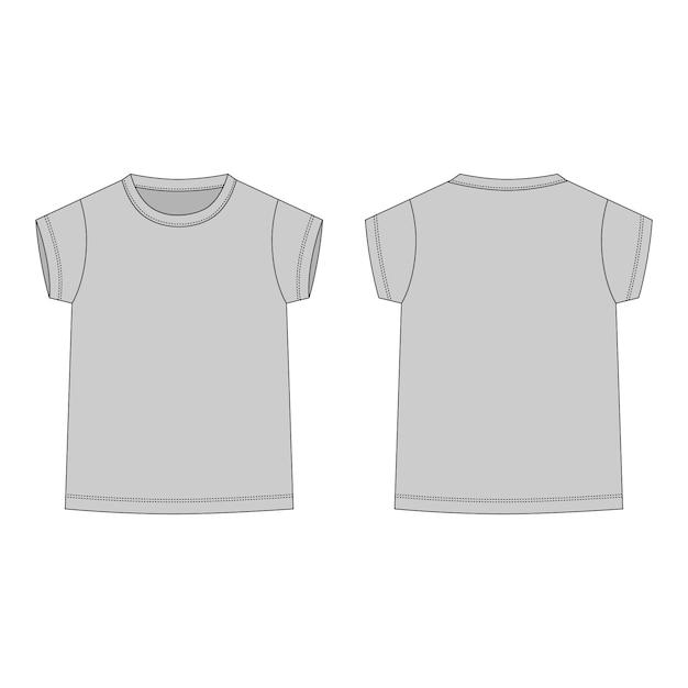 T-shirt Gris Isolé. Vêtements Enfant Croquis Technique Avant Et Arrière.
