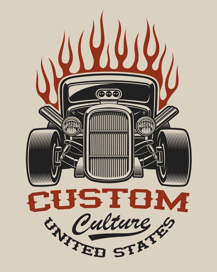 T-shirt avec un hot rod de style vintage sur fond blanc.