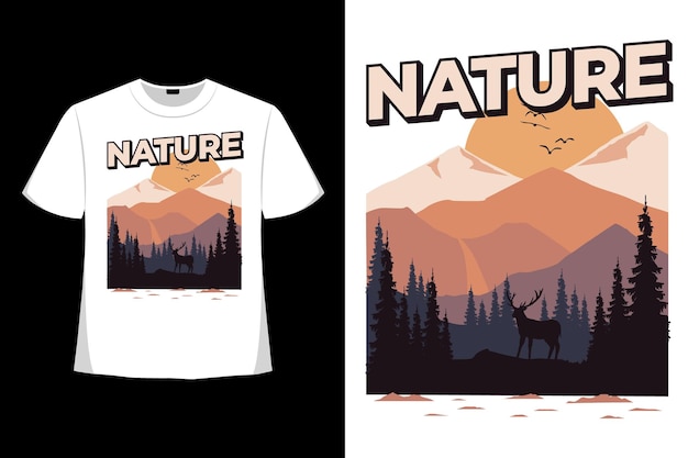 T-shirt Nature Pin Cerf Montagne Rétro Style Dessiné à La Main Illustration Vintage