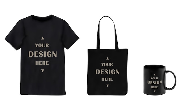 T-shirt Noir, Sac Fourre-tout Noir, Ensemble De Modèles De Mug Noir. Illustration Vectorielle