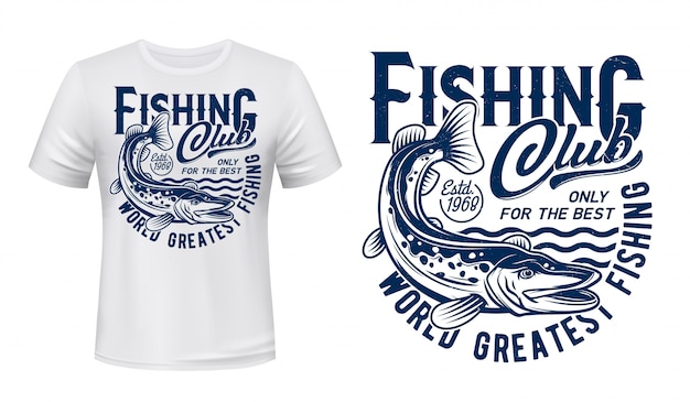 Vecteur t-shirt de pêche imprimé, brochet sur les vagues