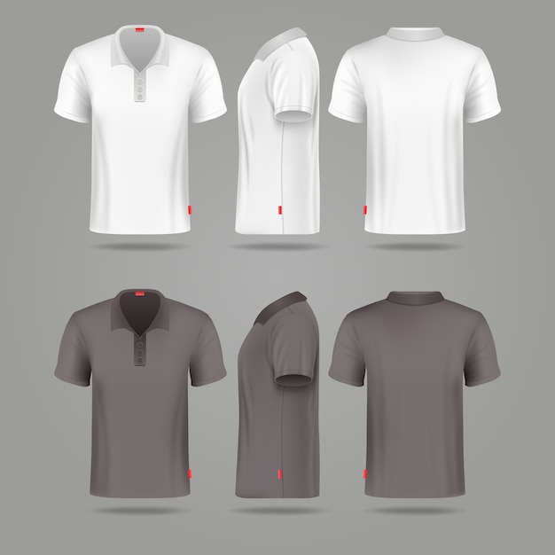 Vecteur t-shirt polo noir et blanc pour hommes devant, vues de dos et de côté, maquettes de vecteur. t-shirt de mode pour