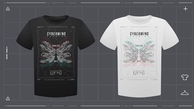 T-shirt pour homme avec maquette d'impression futuriste vue avant modèle vectoriel Cyber Hud impression de conception