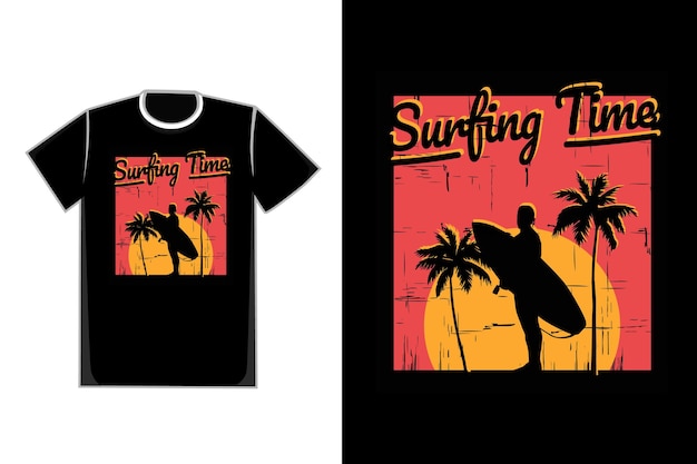 T-shirt Silhouette Plage Surf Arbre Coucher De Soleil Ciel Beau