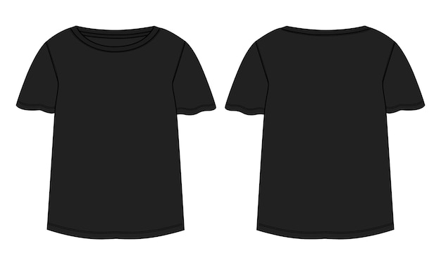 T-shirt tops mode technique croquis plat vecteur modèle de couleur noire pour dames et bébés filles