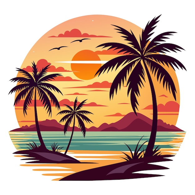 Des t-shirts d'été vintage avec des palmiers et un coucher de soleil