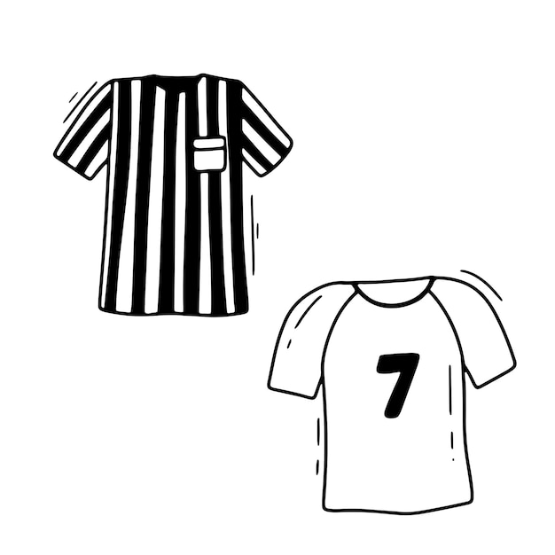 Vecteur t-shirts de joueur de football avec le numéro sept et vêtements d'arbitre de football illustration vectorielle de doodle isolée sur fond blanc