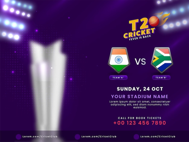 T20 Cricket Fever Is Back Design D'affiche Avec Trophée D'argent Et Bouclier De Drapeau De L'équipe Participante De L'inde Contre L'afrique Du Sud Sur Fond Violet.