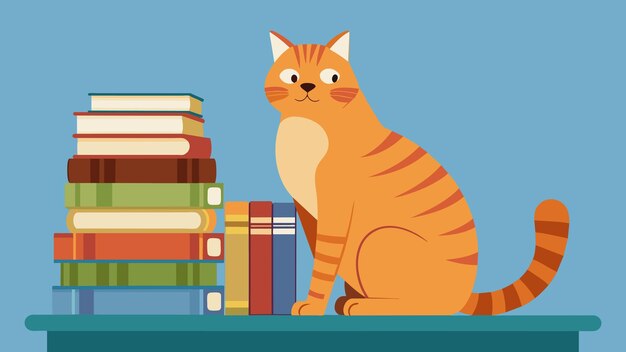 Vecteur un tabby orange gonflé perché sur une étagère remplie de livres en lambeaux déchirés curieusement regarder le