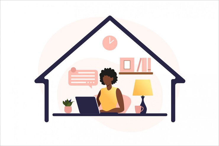 Vecteur table assise femme afro-américaine avec ordinateur portable. travailler sur un ordinateur. freelance, éducation en ligne ou concept de médias sociaux. freelance ou étudiant concept. style plat. illustration.