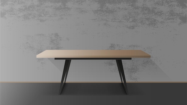 Vecteur table en bois avec base en métal noir. table vide, gris, mur de béton. illustration