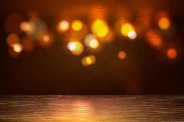 Vecteur table en bois vide avec fond de lumières bokeh