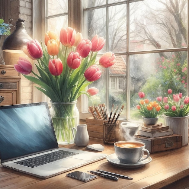 Table d'espace de travail avec un ordinateur portable une tasse de café et un vase de fleurs de tulipes