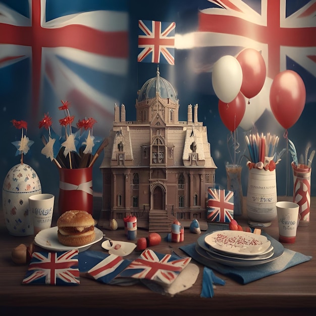 Vecteur une table de gâteau avec un château et des lapins et des drapeaux