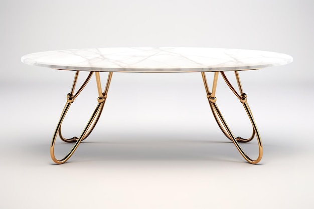 Table en marbre blanc 3D avec des jambes d'acier dorées brillantes et un fond blanc brillant