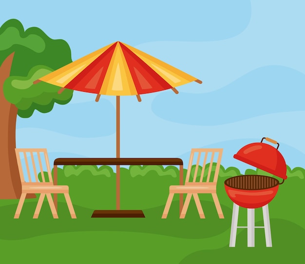 Vecteur table avec parasol et grill sur jardin paysage