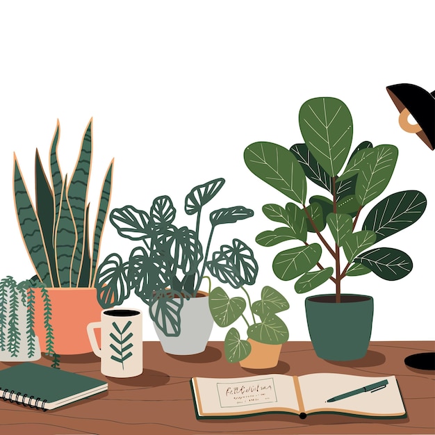 une table avec une plante et un livre