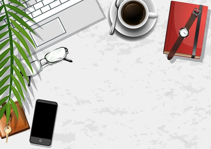 Vecteur table de travail de bureau vue de dessus avec des éléments de bureau avec des feuilles vertes
