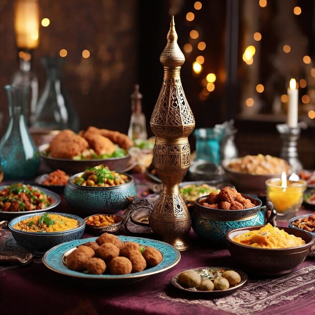 Vecteur table de vacances de l'aïd, dîner en famille du ramadan, pause de jeûne, iftar, cuisine traditionnelle arabe du moyen-orient