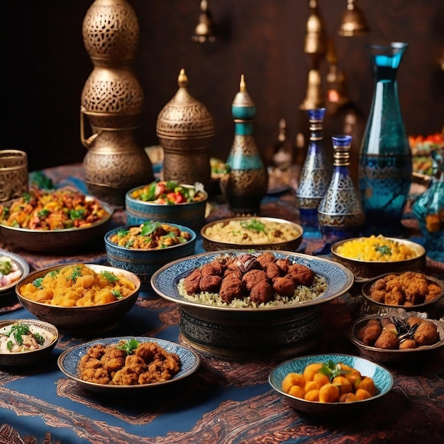 Vecteur table de vacances de l'aïd, dîner en famille du ramadan, pause de jeûne, iftar, cuisine traditionnelle arabe du moyen-orient