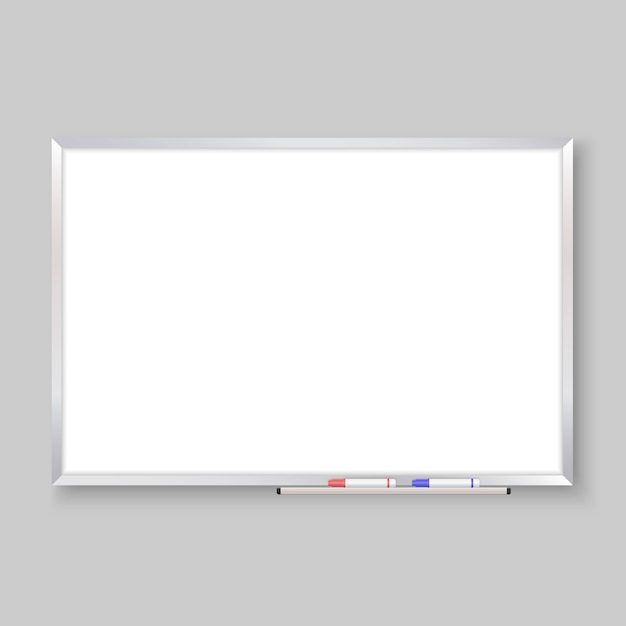 Vecteur tableau blanc vide réaliste 3d avec des marqueurs de couleur, fond de tableau blanc