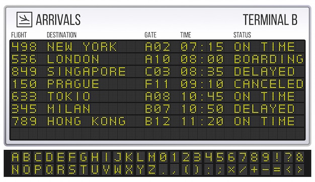 Vecteur tableau de bord de l'aéroport. police de panneau led numérique, arrivées et départs signe une illustration réaliste