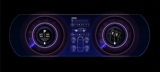 Tableau De Bord Automobile Du Futur. Voiture Hybride. Diagnostic Et élimination Des Pannes. Bleu. Style Hud. Image.