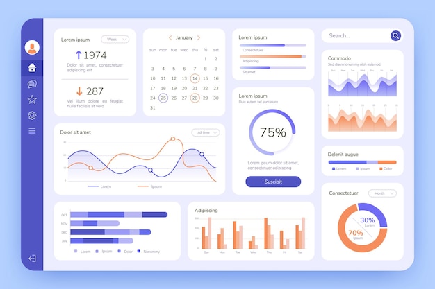 Tableau De Bord. Infographie De L'interface Utilisateur, Graphique De Données Et Graphique. écran Avec Analyse Commerciale. Logiciel Statistique D'administration, Modèle Vectoriel D'interface Web. écran De Données D'infographie Statistique D'illustration