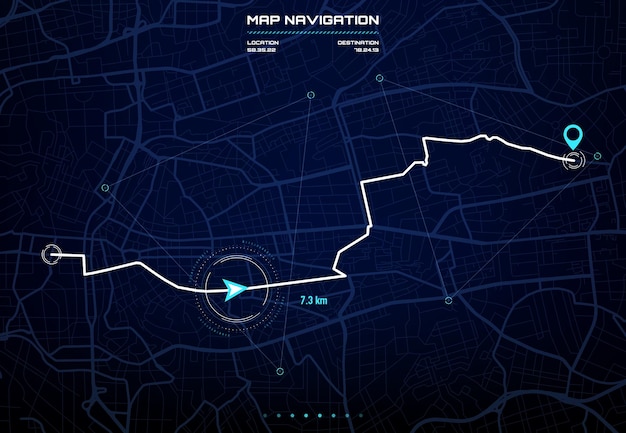 Tableau De Bord D'itinéraire Avec Interface De Navigation Sur La Carte De La Ville. écran De Navigation Gps De Voiture, Futur Affichage Du Système De Pilote Automatique Avec Rues Et Blocs De La Ville, Données De Distance D'itinéraire, Virages Et Balise Ou Marque De Destination