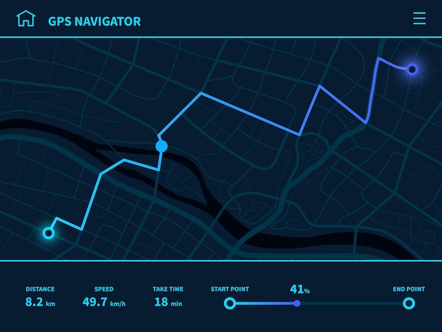 Tableau De Bord De L'itinéraire. Interface Utilisateur D'itinéraire Futuriste, Navigateur De Carte De Suivi Gps Avec Rue De La Ville, Technologie De Cartographie D'interface Mobile, Piste De Signe D'application En Cours D'exécution Naviguer