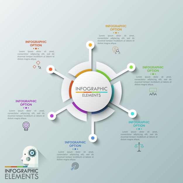 Tableau circulaire avec 6 secteurs séparés entourés de pictogrammes à lignes fines et de zones de texte. Concept de six étapes pour un développement commercial réussi.