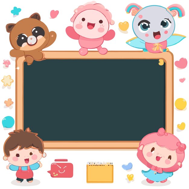 Vecteur tableau de classe de retour à l'école enfants d'âge préscolaire dessinés à la main plate mascotte élégante personnage de dessin animé